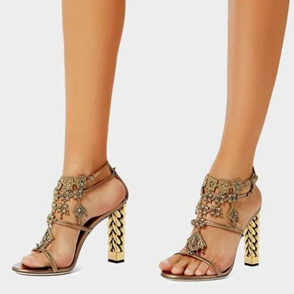FSJ Shoes - FSJ Brown Bell Gold Metal Chain Thick High Heel Open Toe Strappy Sandals